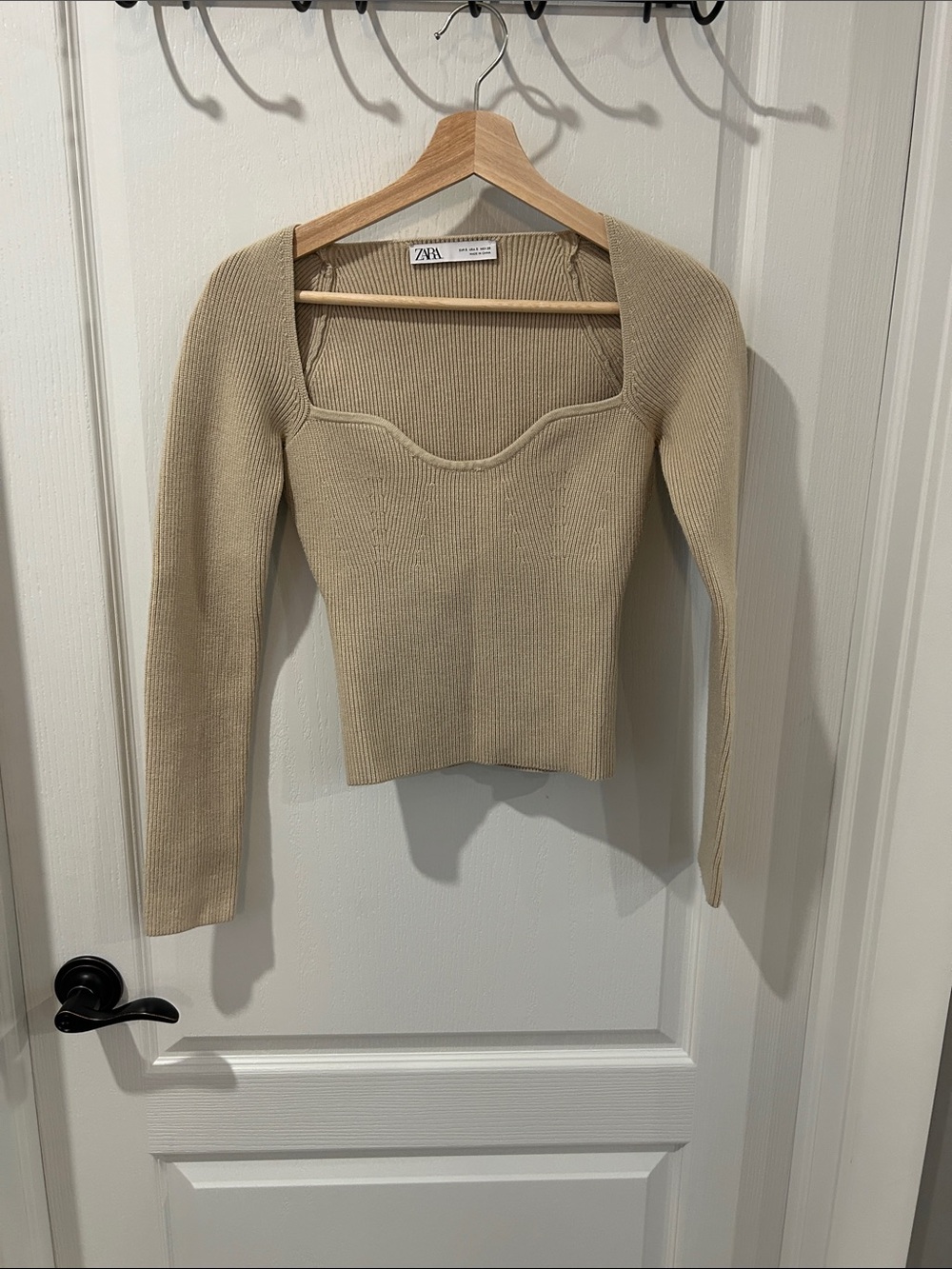 Zara Beige Square-Neck Ribbed Knit Top